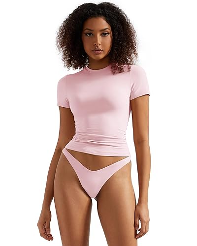 SUUKSESS Women Double Lined Fitted Basic Tee Crew Neck Short Sleeve Y2K Crop Top - X-Small - Blush
