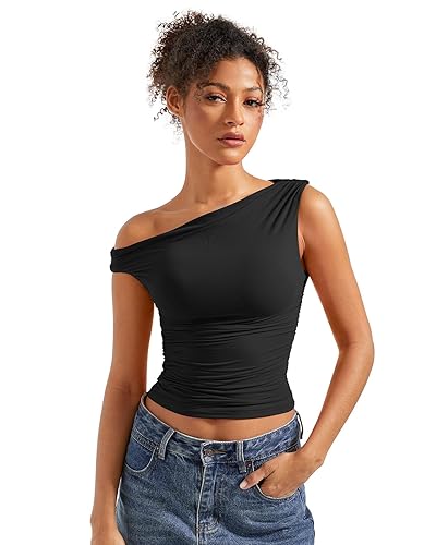 SUUKSESS Women Off Shoulder Tops Sleeveless Shirts Y2K Going Out Crop Tank Top - X-Small - Black