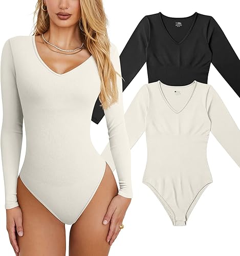 OQQ Women's 2 Piece Bodysuits Sexy Ribbed T Shirt One Piece V Neck Long Sleeve Bodysuits - Black Beige - Small