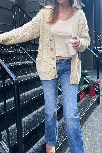 Eva Heavy Wool Cable Knit Cardigan | Ivory / Oversized Fit