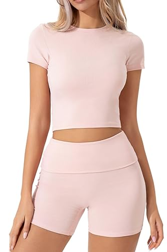 QINSEN Women's 2 Piece Outfits Lounge Sets Slim Fitted Short Sleeve Crop Tops Fold Over Shorts Casual Comfy Trasuits - Pink - Small