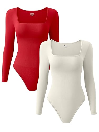 OQQ Women's 2 Piece Bodysuits Sexy Ribbed One Piece Square Neck Long Sleeve Bodysuits - Red Beige - Small