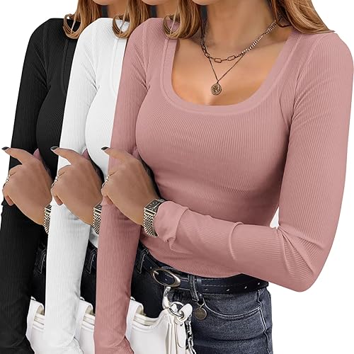 Ekouaer Womens 3 Pack Long Sleeve Shirts Square Neck Basic Ribbed Tops Tee Thermal Undershirts XS-XXL - Black/White/Misty Rose - Small