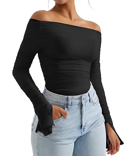 OMKAGI Women Long Sleeve Tops Boat Neck Off Shoulder Shirts Fitted Going Out Y2K Crop Top - Flare Sleeve - X-Small - Black