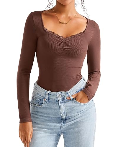 SUUKSESS Women Sweetheart V Neck Long Sleeve Tops Lace Trim Ribbed Modal Fall Going Out Shirts - X-Small - Dark Coffee