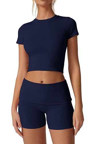 QINSEN Women's 2 Piece Outfits Lounge Sets Slim Fitted Short Sleeve Crop Tops Fold Over Shorts Casual Comfy Trasuits - Navy Blue - Small