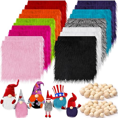 Tudomro 20 Pcs Faux Fur Fabric 10" x 10" with 40 Pcs Wood Balls, Christmas Shaggy Faux Fur Square Patches, Gnome Beards for Crafting Sewing Costume Rug Pillow Cushion Pad Chair Cover(Bright Color) - Bright Color