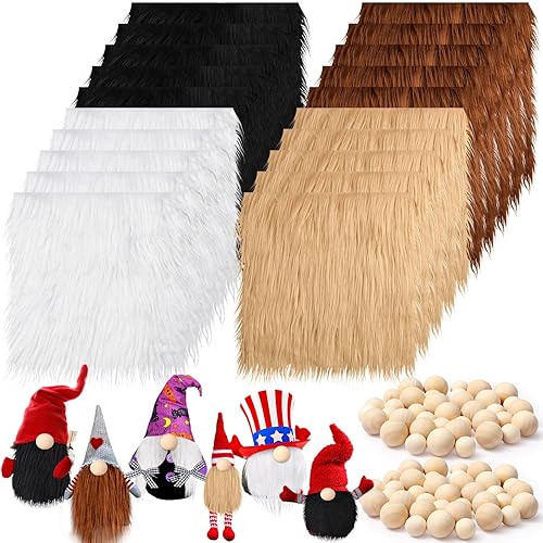 Tudomro 20 Pcs Faux Fur Fabric 10" x 10" with 40 Pcs Wood Balls, Christmas Shaggy Faux Fur Square Patches, Gnome Beards for Crafting Sewing Costume Rug Pillow Cushion Pad Chair Cover(Retro Color) - Retro Color