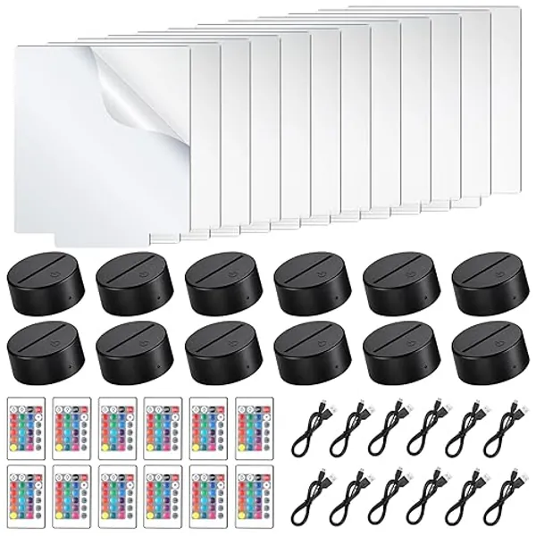 12 Pieces Clear Acrylic Sheets and 12 Pieces 3D Night LED Light Lamp Base with Remote Control and USB Cable, DIY Acrylic Lamp Base Set for Restaurant Bar Cafe Shop Room Decoration (Rectangular) - Rectangular