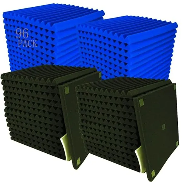 96 Pack Blue/black Absorb the echo Acoustic Foam Panel Wedge Studio Soundproofing Wall Tiles 12" X 12" X 1" - Black/blue