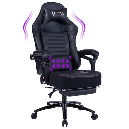 Fantasylab Big and Tall Gaming Chair 400LBS Gaming Chair with Footrest Massage Gaming Chair Memory Foam Adjustable Tilt Back Angle Gaming Chair for Heavy People with Metal Base - Black