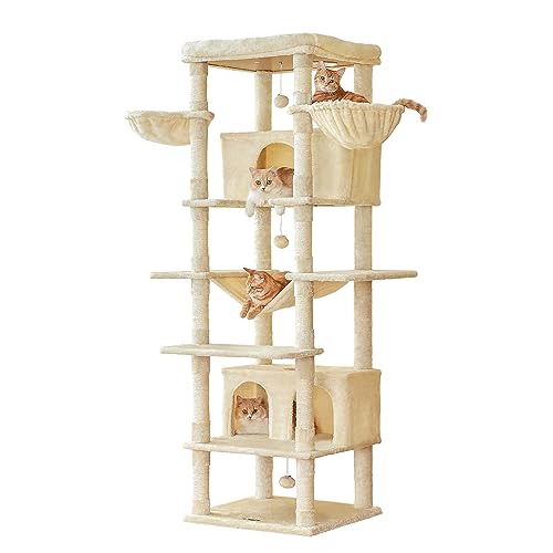MWPO Extra Large Cat Tree, 77.6-Inch Tall Cat Tower for Indoor Cats with 2 Large Condos, Multi-Level Cat Stand for Large Cat with 3 Hammocks, Wide Perch, Scratching Posts, Dangling Toys, Beige - Beige