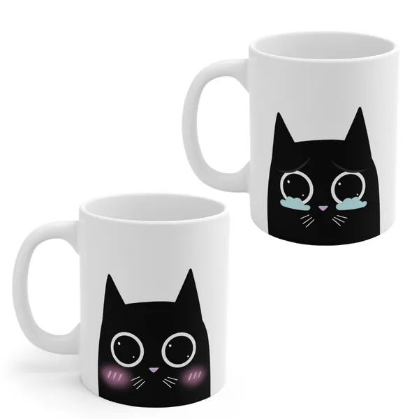 Adorably Emotional Cat White Mug Set - 2 Pcs