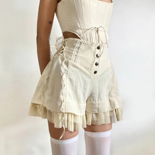 Tiered Ruffle Kawaii Cosplay Shorts in Cream - Khaki / M