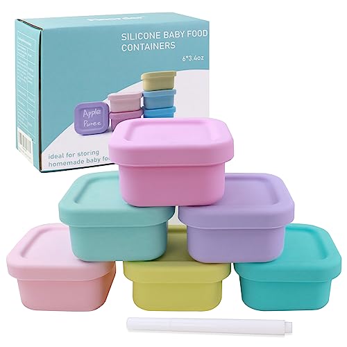 Finorder 6 Pack 100% Silicone Baby Food Storage Containers, 3.5 oz Leak-Proof, Microwave, Freezer, Boiled Safe Food Storage Snack Jars, FDA Grade Toddler Jars for Food and Condiments, Pastel Colored - Bright color - 6 pack