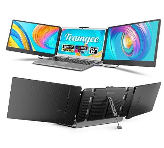 Teamgee Laptop Screen Extender, 14” Full HD Portable Monitor for Laptop with Dual Speakers & Flexible Kickstand, Plug-Play Laptop Monitor Extender Fits 13”-17” Laptops of Wins/Mac/Dex/Android - Triple-14