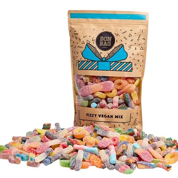 BON BAG - Vegan Fizzy Pick And Mix Sweets, 1L Pouch Bags Of Sweets. Sour Fizzy Bulk Candy Assortment In Large Resealable Party Bag (800g)