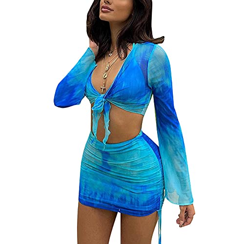 SHESEEWORLD Women's Sexy Long Sleeve 2 Pieces Sheer Mesh Cover Up Dress Crop Top Bodycon Ruched Y2K Mini Skirt Sets - Large - Blue