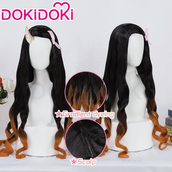 【Ready For Ship】DokiDoki Anime Wig Long Curly Black Yellow Hair/ Horn