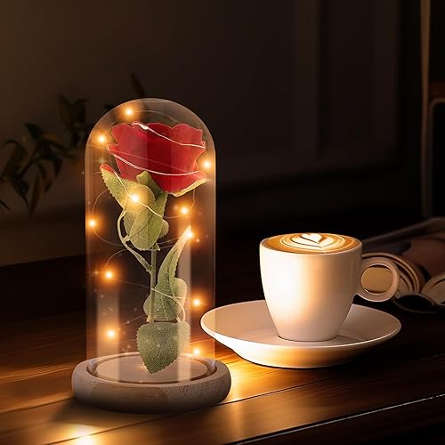 Beauty and the Beast Rose Gifts for Women - Beauty and the Beast Gifts - Light Up Roses, Rose in Glass Dome - Beauty and the Beast Decor for Library - Beauty and the Beast Party Decorations (Red) - Red