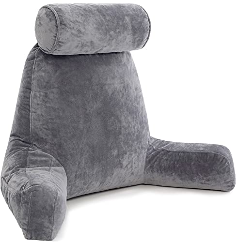 Husband Pillow XXL Dark Grey Backrest with Arms - Adult Reading Pillow Shredded Memory Foam, Ultra-Comfy Removable Microplush Cover & Detachable Neck Roll, Unmatched Support Bed Rest Sit Up Pillow - - Original Version - Dark Grey