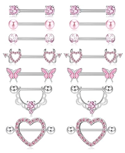 Fansilver 7 Pairs 14G Nipple Rings for Women Surgical Steel Nipple Piercing CZ Heart Butterfly Barbell Nipple Rings Set Cute Nipple Body Piercing Jewelry - A. Pink 14G Nipple Rings