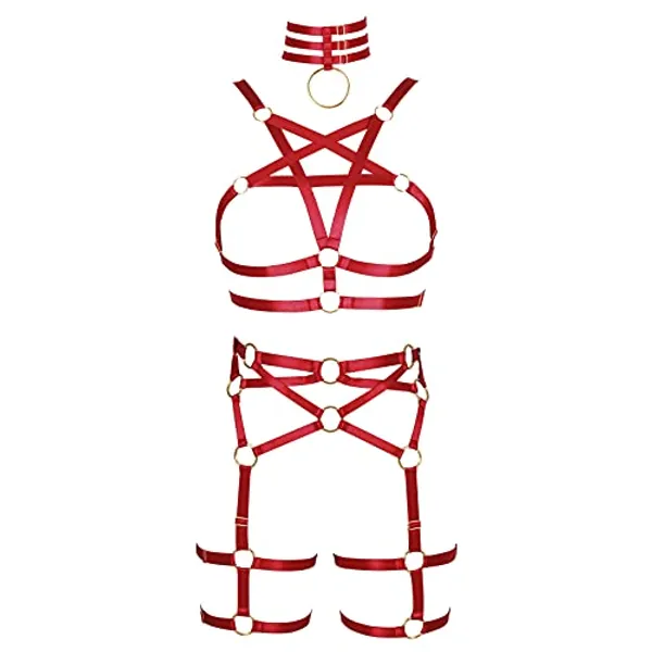 BANSSGOTH Women Body Harness Strumpfgürtel Set Verstellbar Vollkäfig Hollow Out Tops Bra Punk Gothic Tanz Kostüm Rave Wear