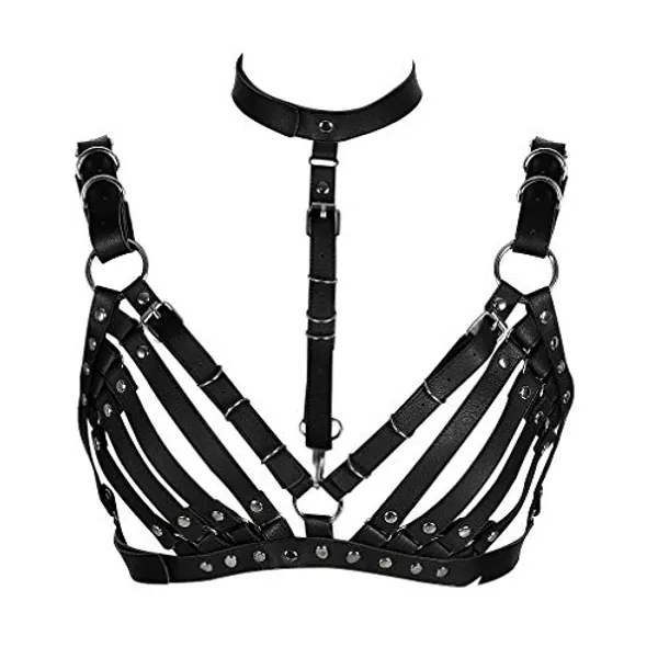 BBOHSS Damen Leder Body Harness Punk BH Karneval Gothic Halloween Tanz Einstellbar BH Kostüm Zubehör