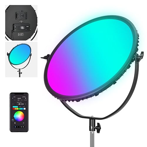 Neewer 18" RGB LED Round Panel Video Light with APP Control, 65W 6000Lux/0.5m 2500K-8500K RGBCW Photography Studio Lighting /18 Scenes/V Battery Powered for Outdoor Filming Recording Streaming, GR18C - RGB