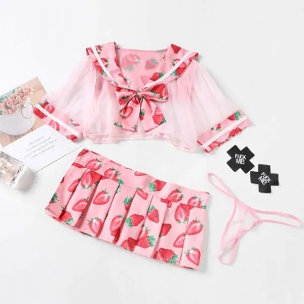 MOOLFN Cute Sailor Dress Lolita Strawberry Printed Cosplay Costume School Girl Uniform Sexy Kawaii Lingerie Set Sexy Costumes,Pink