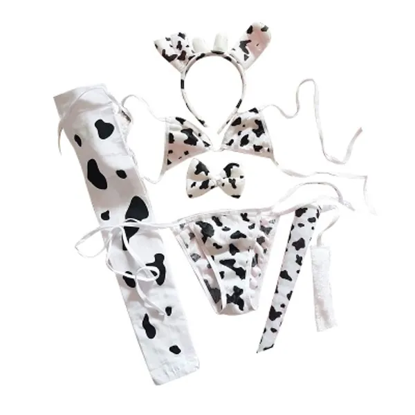 JasmyGirls Womens Sexy Maid Cosplay Lingerie Furry Milk Cow Costume Kawaii Anime Bikini Set Mini Leopard Bra and Panty Outfit