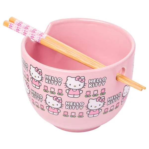 Silver Buffalo Hello Kitty Face and Standing Logo Pattern Ceramic Ramen Bowl with Chopsticks, 20 Ounces