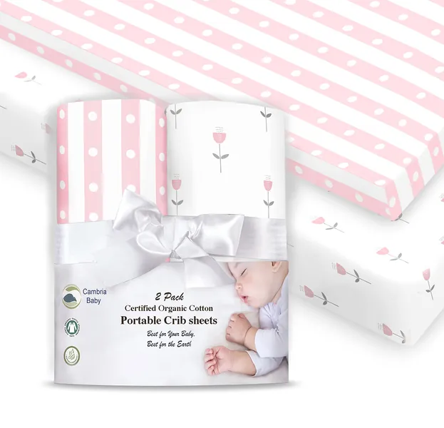 Cambria Baby 100% Organic Cotton Fitted Sheets Pack ‘n Play and Other Portable Mini Cribs. Fits on Playards & Mattresses up to 5 in Thick. Pink/White Flowers and Stripes Patterns. 2 Pack