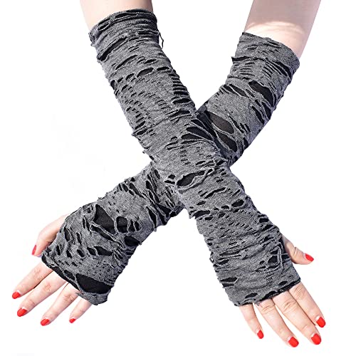 Mrotrida Women's Punk Fingerless Glove Cosplay Ripped Gloves for Halloween Costume Party 1Pair - Black Long Style