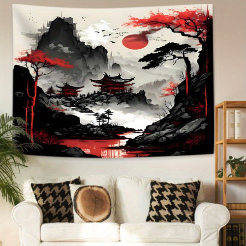 Vintage Japanese Red Tree and Sun Landscape Tapestry Black and Red Ink Polyester Tapestry for Bedroom College Dorm Decoration Hemmed Washable Tapestri