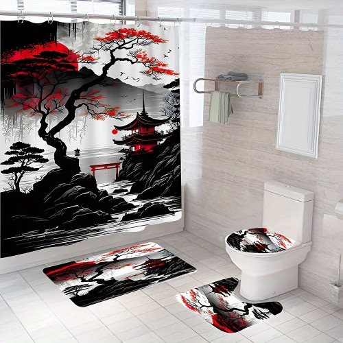 4pcs Vintage Painting Shower Curtain Set, Decorative Bathroom Set Including Waterproof Shower Curtain, Non-Slip Carpet, Toilet Cover, Bath Mat And 12 