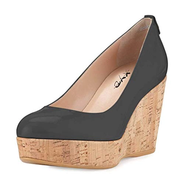 XYD Women Comfort Round Toe Wood Platform Pumps Slip On Patent Wedge Cork High Heel Casual Dress Shoes
