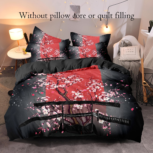 Apanese Black White Ink Style Samurai Sword Red Sakura 3D Print Duvet Cover Queen Size Ultra Soft And Breathable Bedding Comforter Cover Set 3 Pieces 