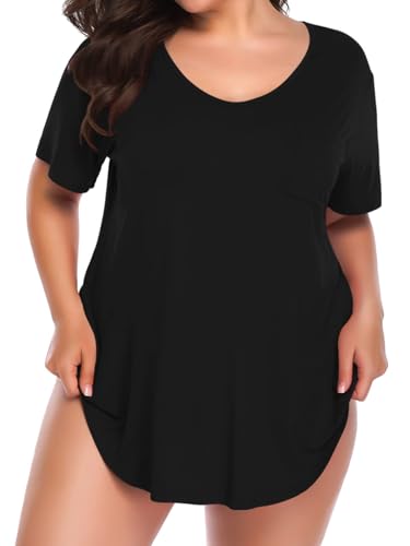 BELAROI Women Plus Size V-Neck Tunic Tops Loose T Shirt with Pocket - Black - 6X