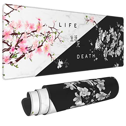 Gaming Mouse Pad Black and White Cherry Blossom Marble XXL XL Large Mat Long Extended Mousepad Desk Pad Non-Slip Rubber Mice Pads Stitched Edges 31.5 X 12 in (Black and White Cherry Blossom Marble) - Black and White Cherry Blossom Marble