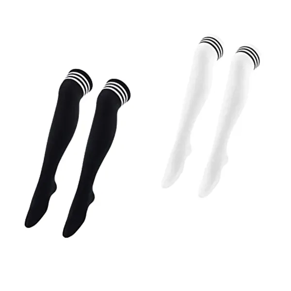 Andiker 2 Pairs Over Knee Socks, Thigh High Cotton Socks Long Boot Striped Stockings for Girls Women