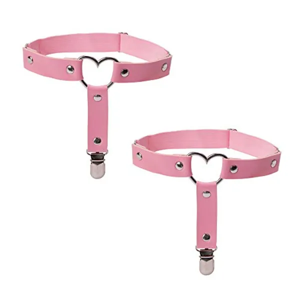 VENESUN 2pcs Adjustable Faux Leather Thigh Garter, Elastic Punk Heart-Shape Thigh Garter with Anti-Slip Clips, Pink