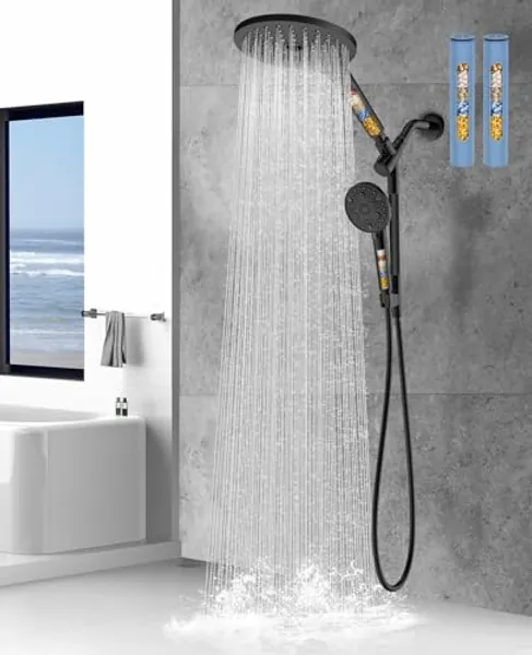 MakeFit Dual Filtered Rain Shower Head Combo, High Pressure Handheld Shower Head with Adjustable Bar - 8’’ Rainfall Shower Head And 10-Mode Showerhead with Filter for Hard Water - Removes Chlorine - Filtered - Matte Black