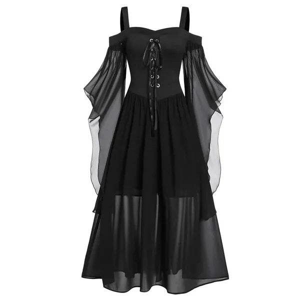 Generic Damen Gothic Kleid Mittelalterliches Kostüm Mittelalter Kleid mit Trompetenärmel Retro Kostüm Gothic Renaissance Viktorianisches Prinzessin Kleidung Hexenkostüm Schnürkleid