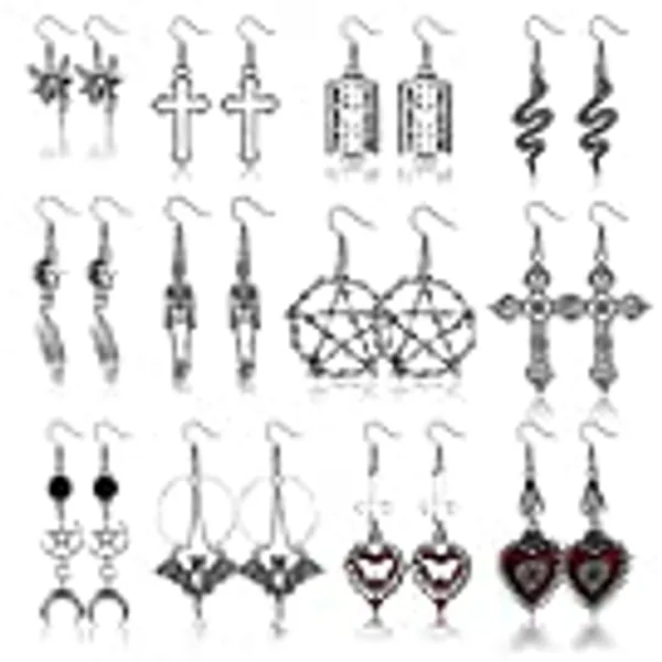 JeweBella 12Paare Gothic Ohrringe für Damen Punk Vintage Grunge Ohrringe Set Boho Schlange Kreuz Skelett Herz Anhänger Ohrringe Edelstahl Stern Mond Rock Ohrringe Halloween Schmuck