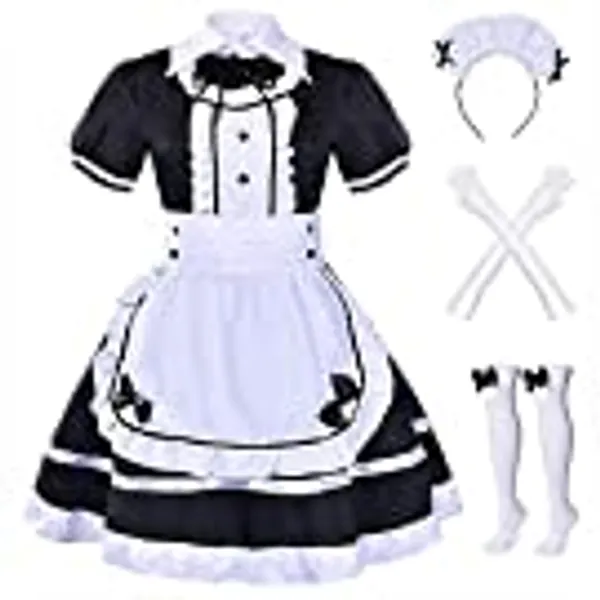 Alaiyaky Maid Dress Cosplay Damen Anime Maid Kleid,7Pcs Set Kleidung mit Handschuhe Strümpfe Kopfbedeckung Schürze für Halloween Karneval Kostüm