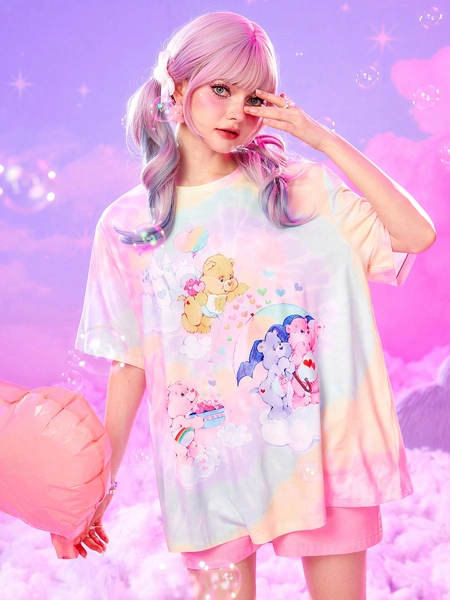 ROMWE X Care Bears Cartoon Graphic Tie Dye Oversized Tee