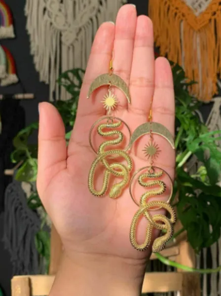 Cosmic Snake Hoops Dangle Earrings, Celestial Gold Serpent, Sun Moon Stars Reptilian Animal Solar Hoop Earrings, Slithering Ouroboros Snake
