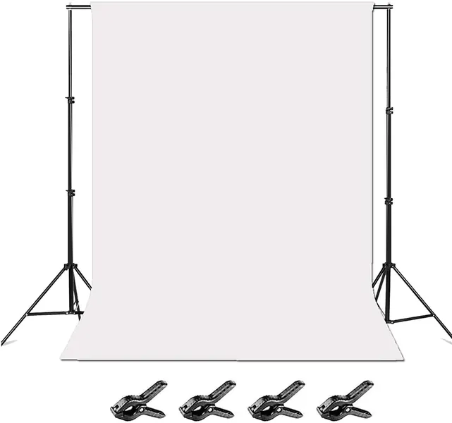 Backdrop Stand with White Backdrop，White Backdrop Stand，White Photo Backdrop with Stand， Polyester White Cloth 6x9 feet Adjustable 8.5x10 Photography Stand 4 Clips