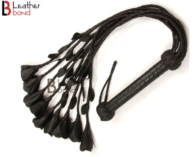 Real Genuine Cow Hide Leather Flogger 9 Braided Falls & Black Rose Heavy Duty Cat-o-nine Tails Flogger